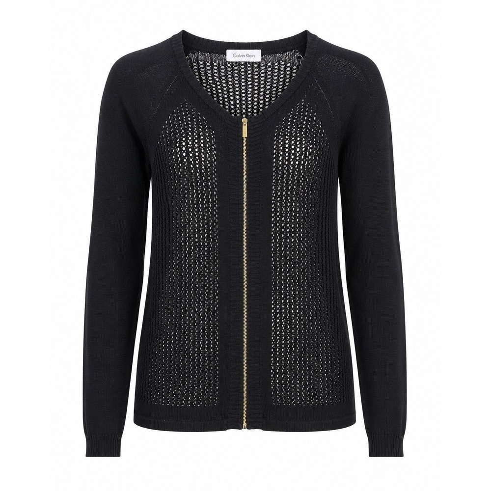 Calvin Klein Open-Knit Zip Front Black Women's Sweater Size Small‎ Quiet Luxury